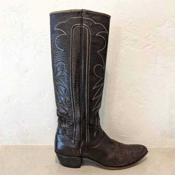 VINTAGE 60s TONY LAMA Tall Gold Label Cowboy Boots, Lemon Peg Soles, Sz 6.5 - Picture 13 of 16